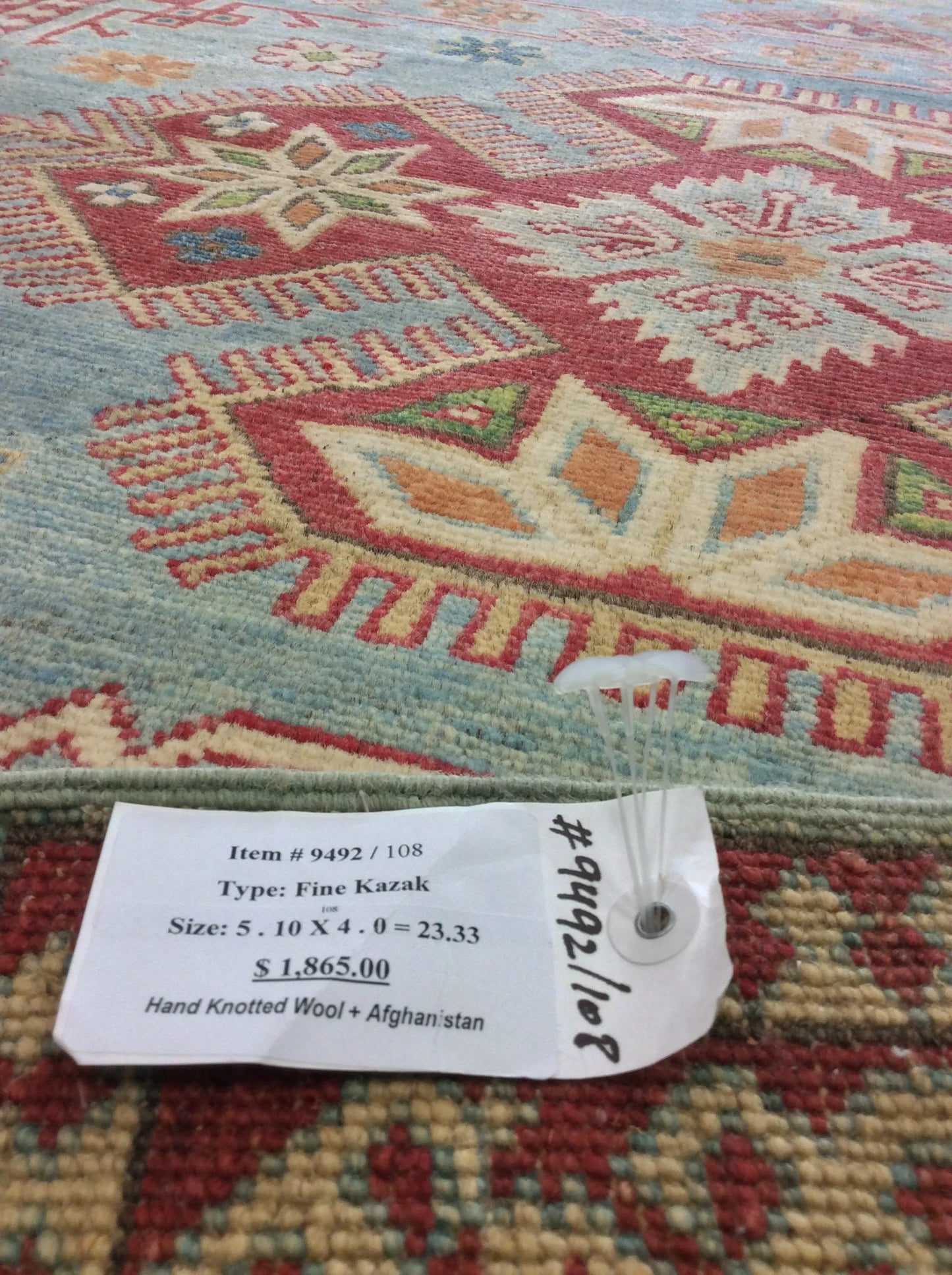 Kazak Light Blue 4X6 Handmade Wool Rug # 9492
