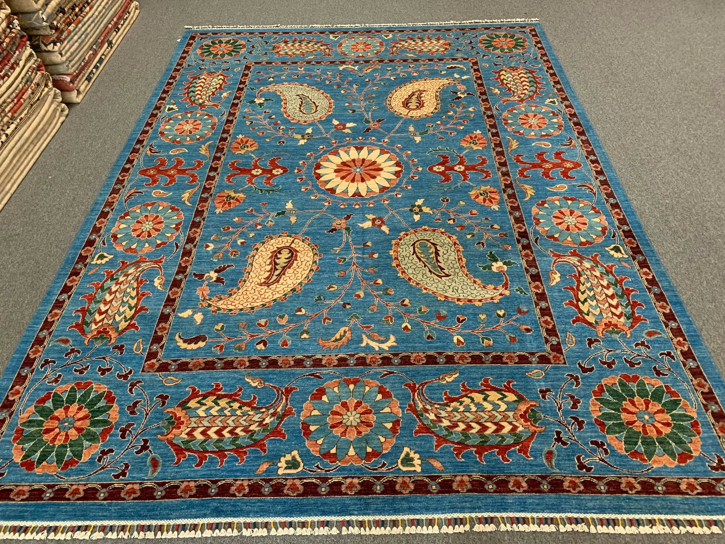 Mint Blue 9X12 Suzani Handmade Wool Rug # 11250