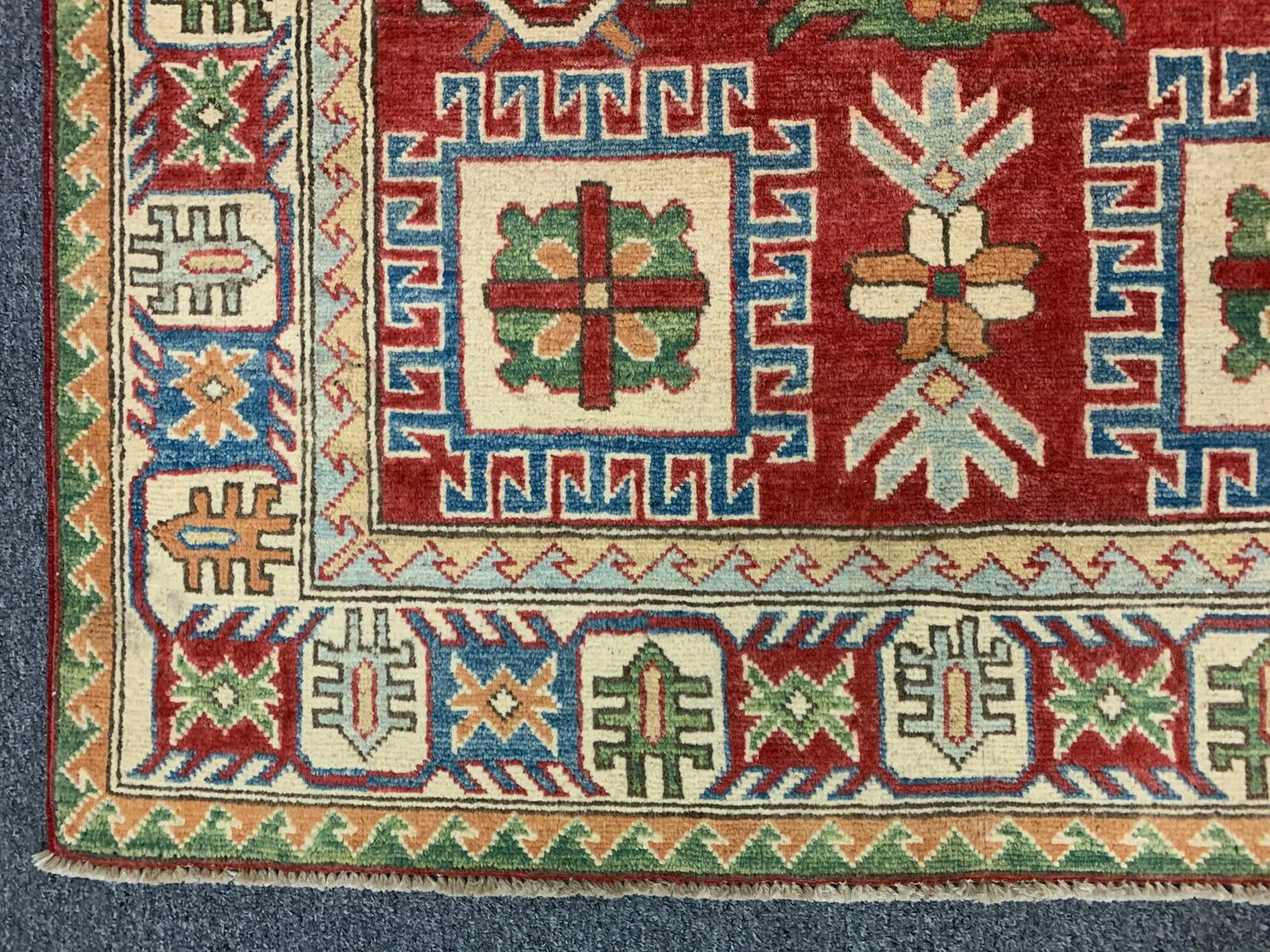 Kazak Geometric Multicolor 4X6 Handmade Wool Rug # 9902