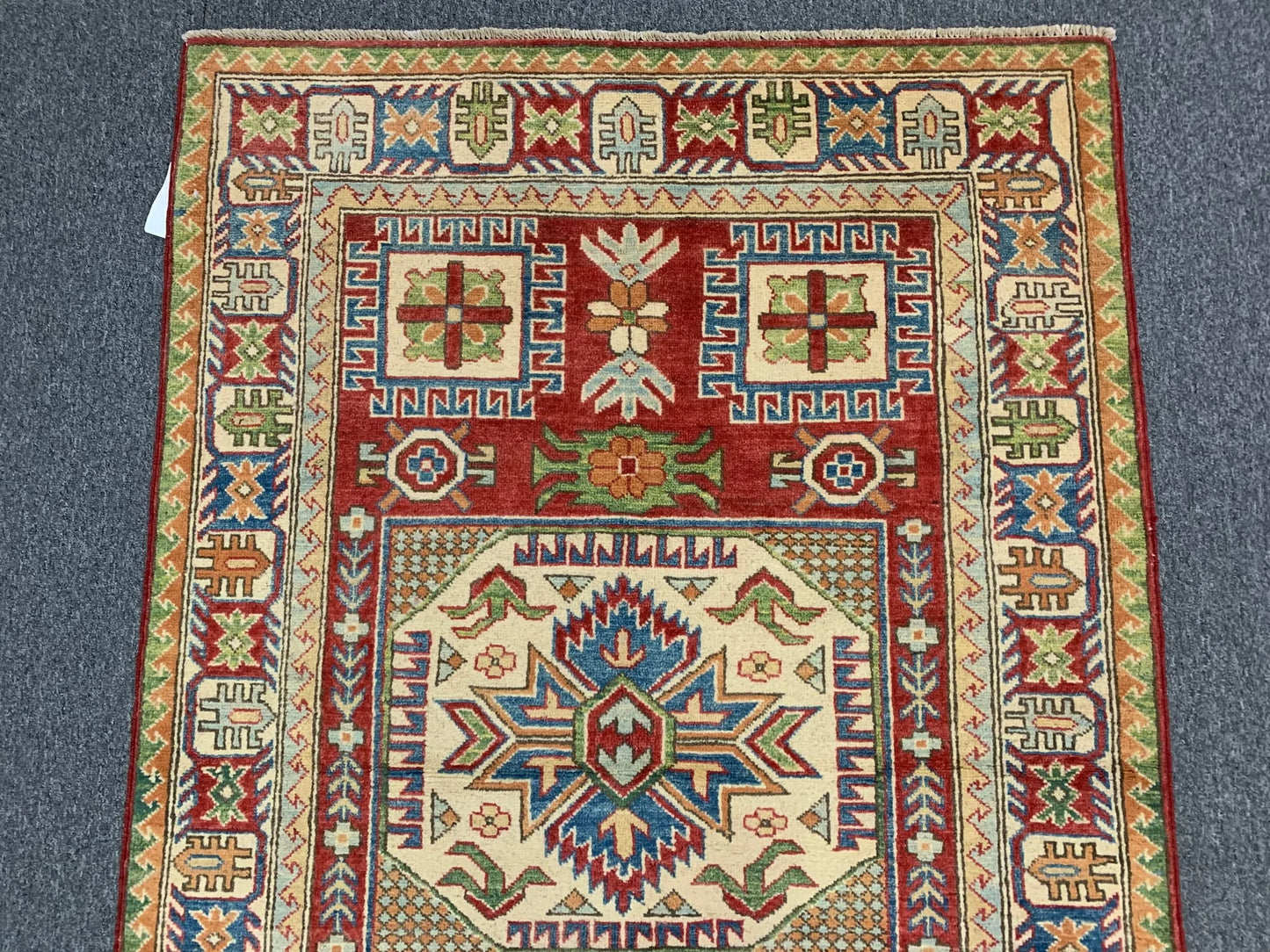Kazak Geometric Multicolor 4X6 Handmade Wool Rug # 9902