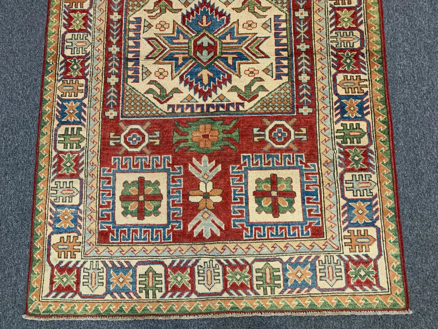 Kazak Geometric Multicolor 4X6 Handmade Wool Rug # 9902