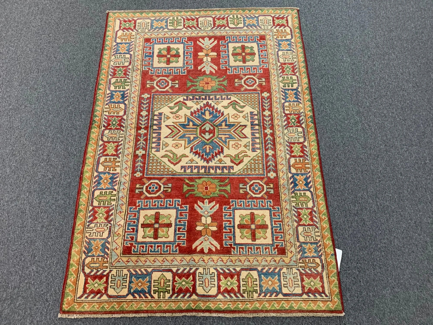 Kazak Geometric Multicolor 4X6 Handmade Wool Rug # 9902