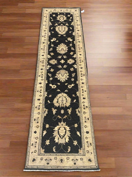 Chobi Black 2' 7"X10' Handmade Wool Runner # 10289