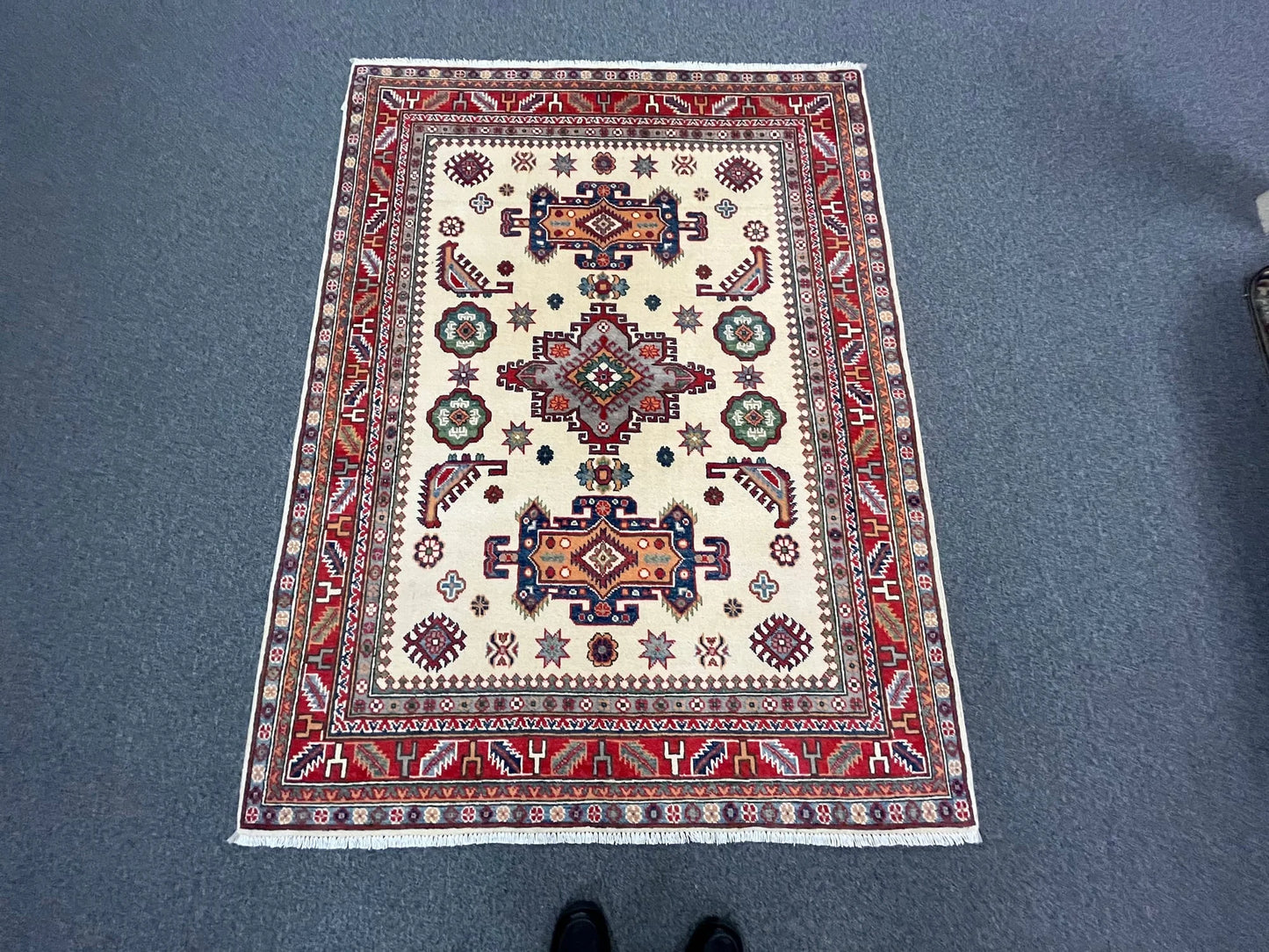 Kazak Ivory/Red 5X7 Handmade Wool Rug # 12676