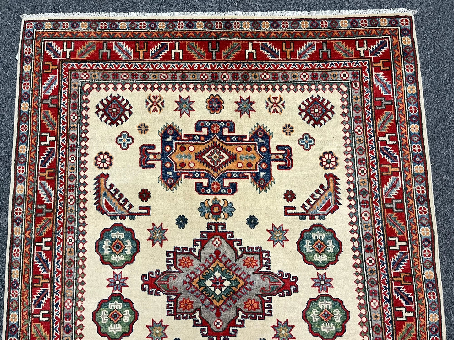Kazak Ivory/Red 5X7 Handmade Wool Rug # 12676