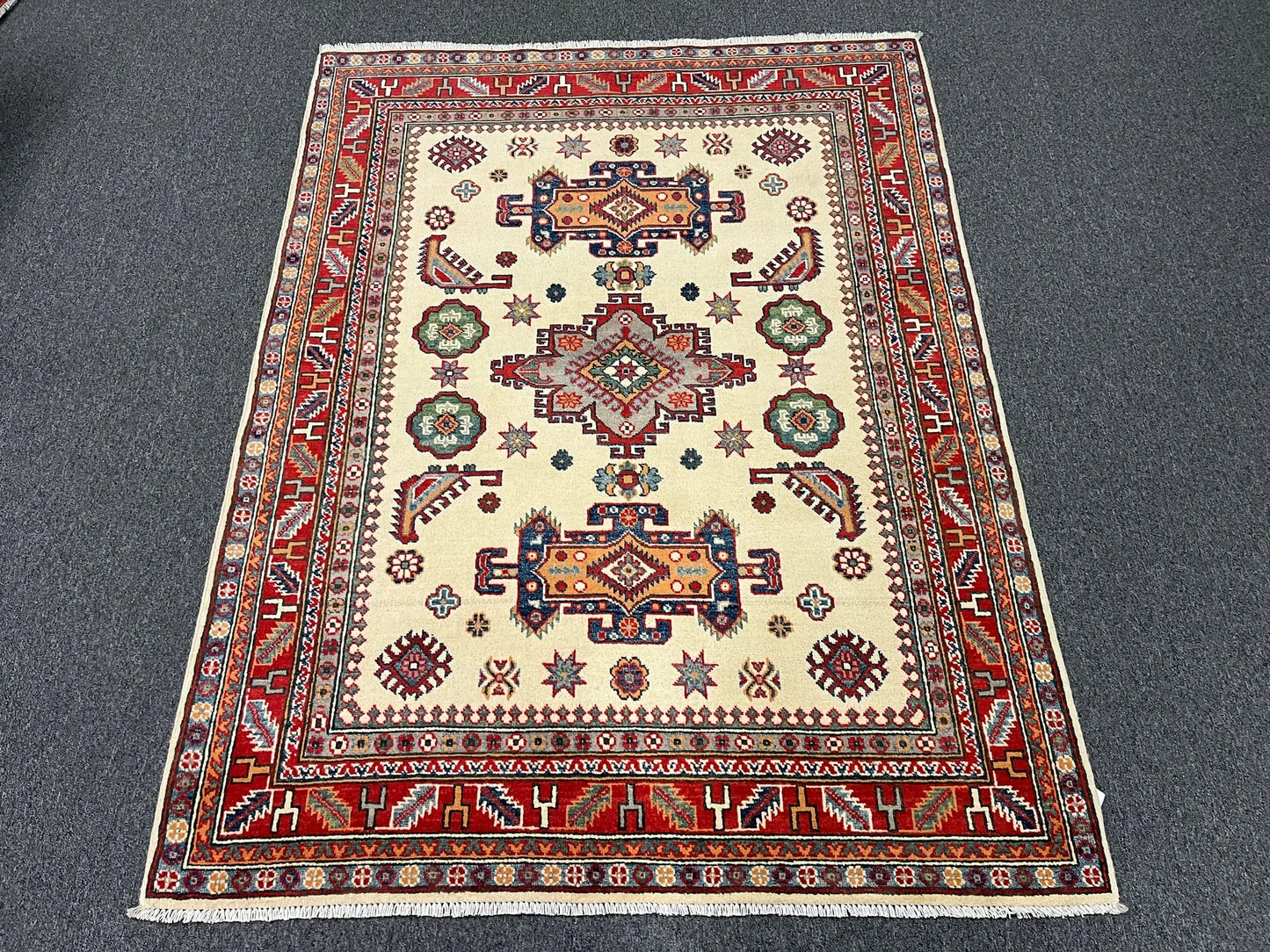 Kazak Ivory/Red 5X7 Handmade Wool Rug # 12676