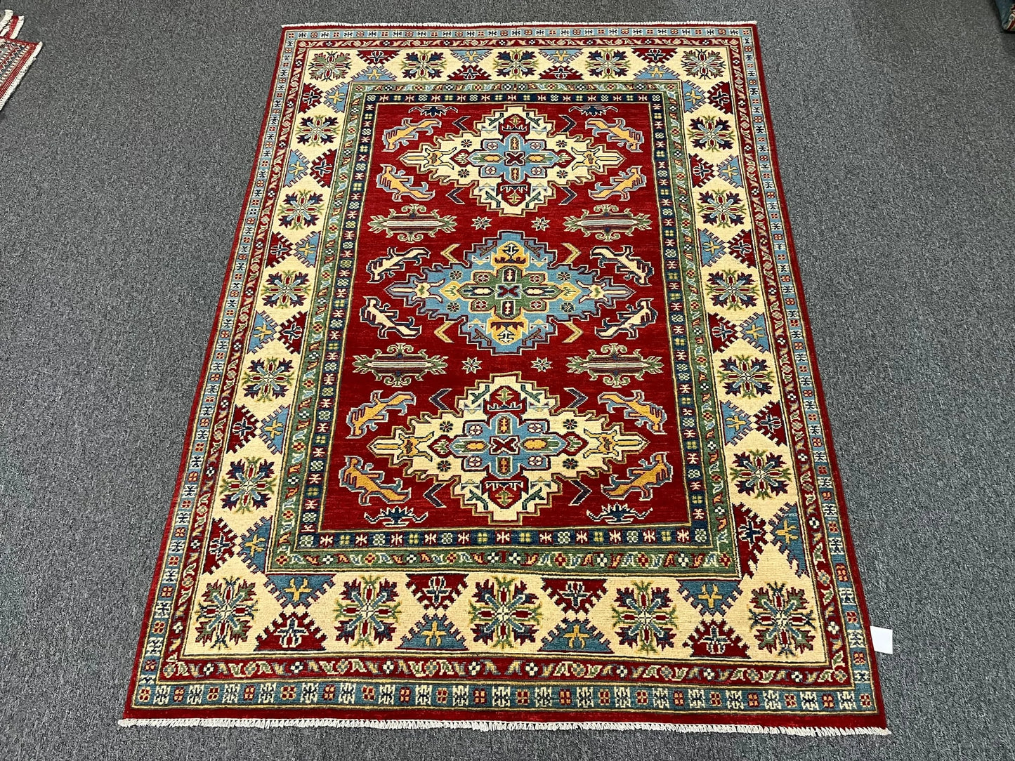 Kazak Geometric Red 5X7 Handmade Wool Rug # 12514