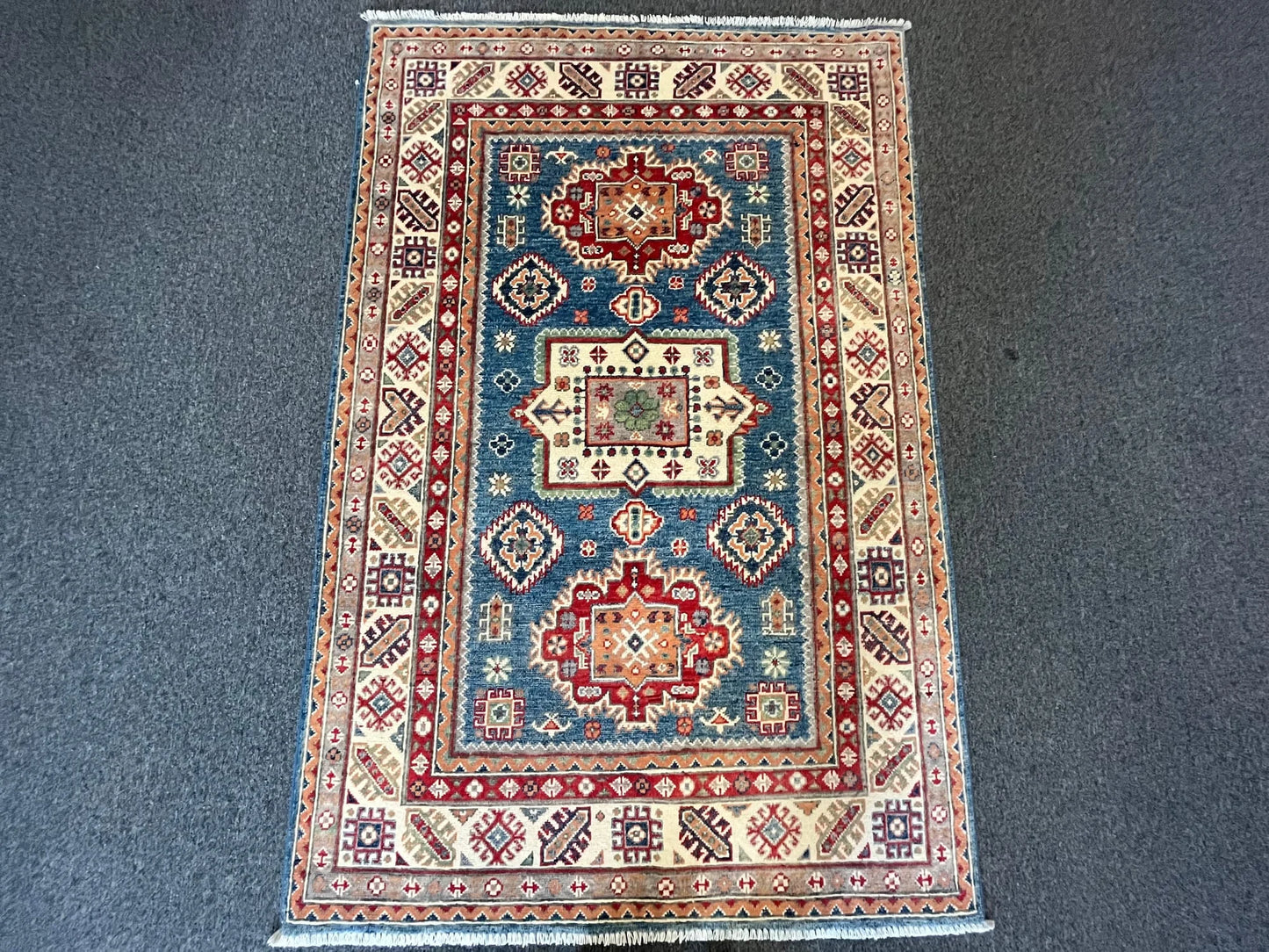 Kazak Geometric Light Blue 4X6 Handmade Wool Rug # 12668