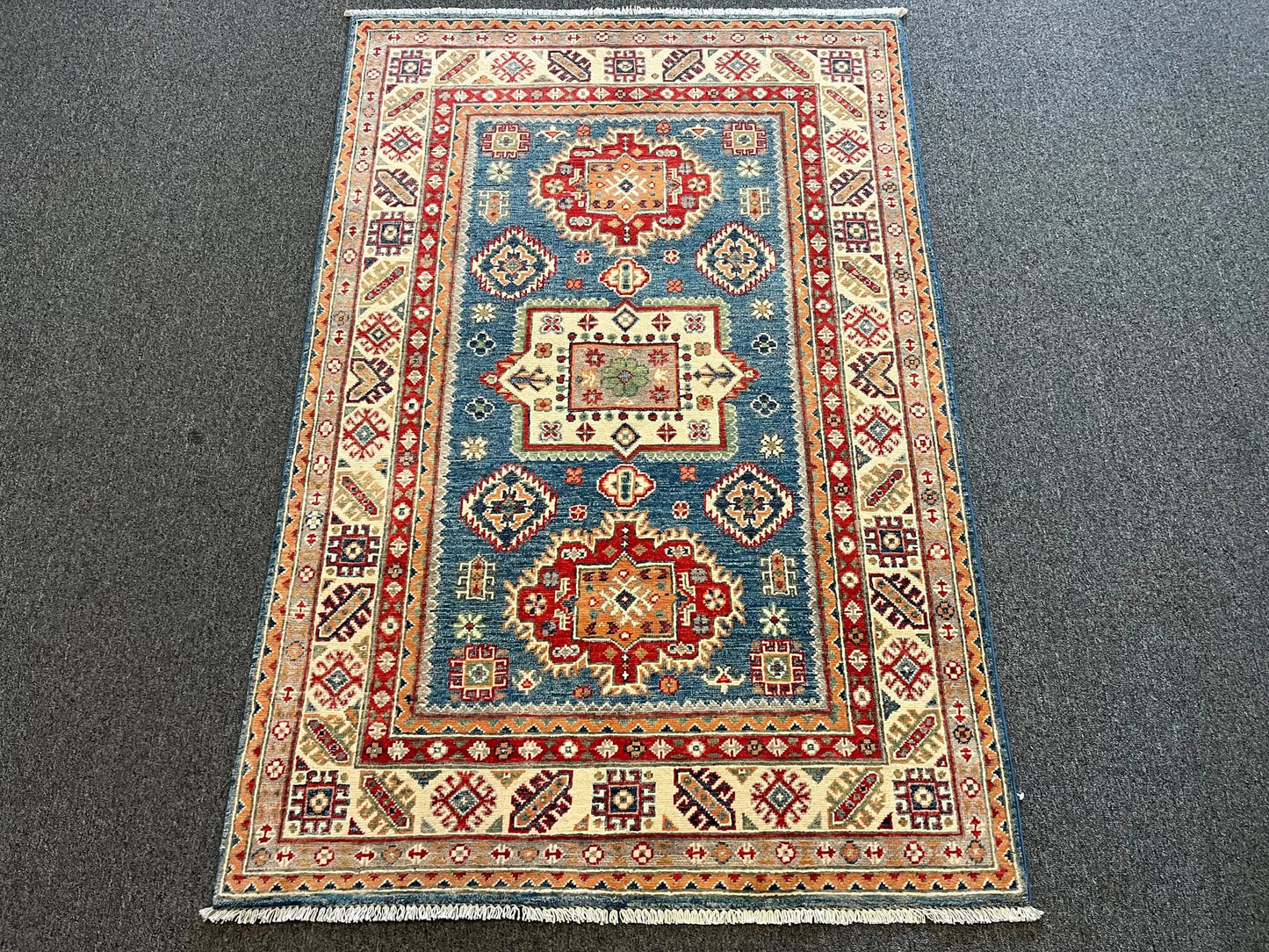 Kazak Geometric Light Blue 4X6 Handmade Wool Rug # 12668