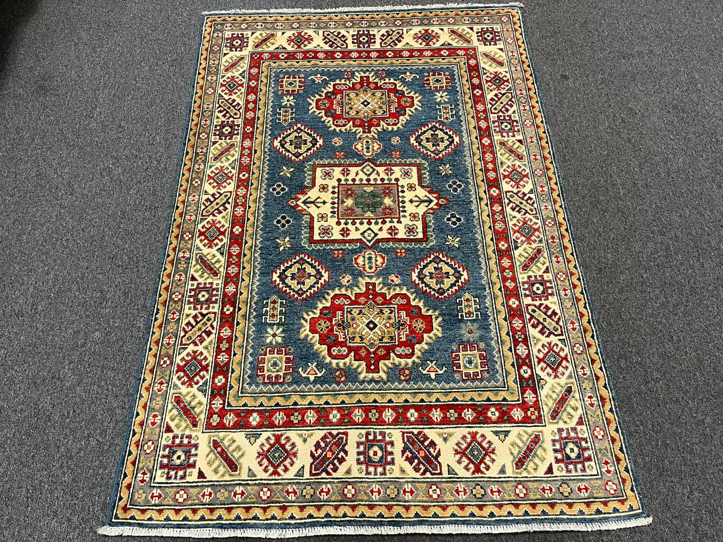 Kazak Light Blue Geometric 4X6 Handmade Wool Rug # 12989