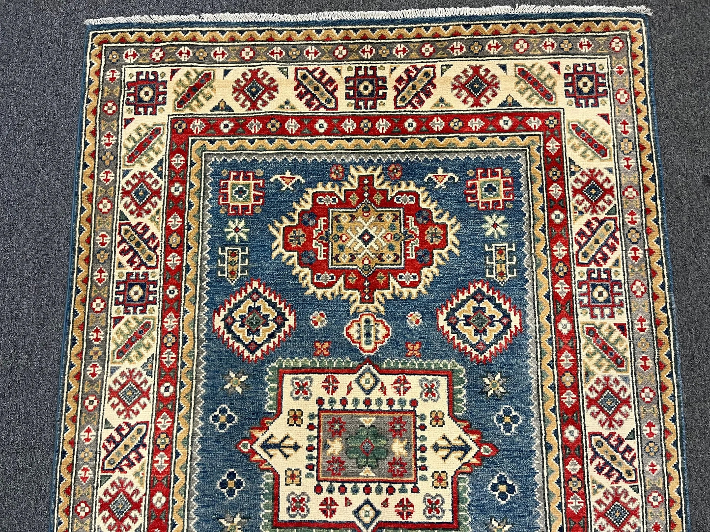 Kazak Light Blue Geometric 4X6 Handmade Wool Rug # 12989