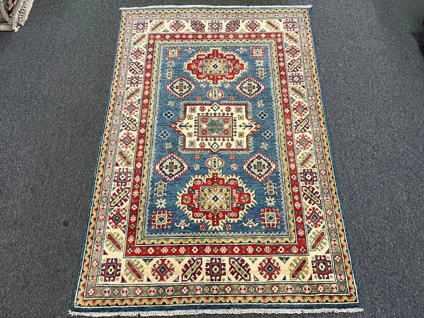 Kazak Light Blue Geometric 4X6 Handmade Wool Rug # 12989