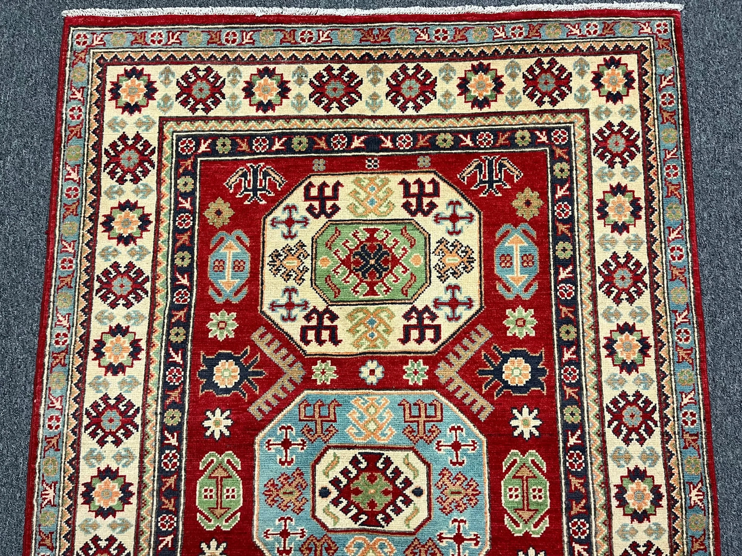 Kazak Red Geometric 4X6 Handmade Wool Rug # 12992