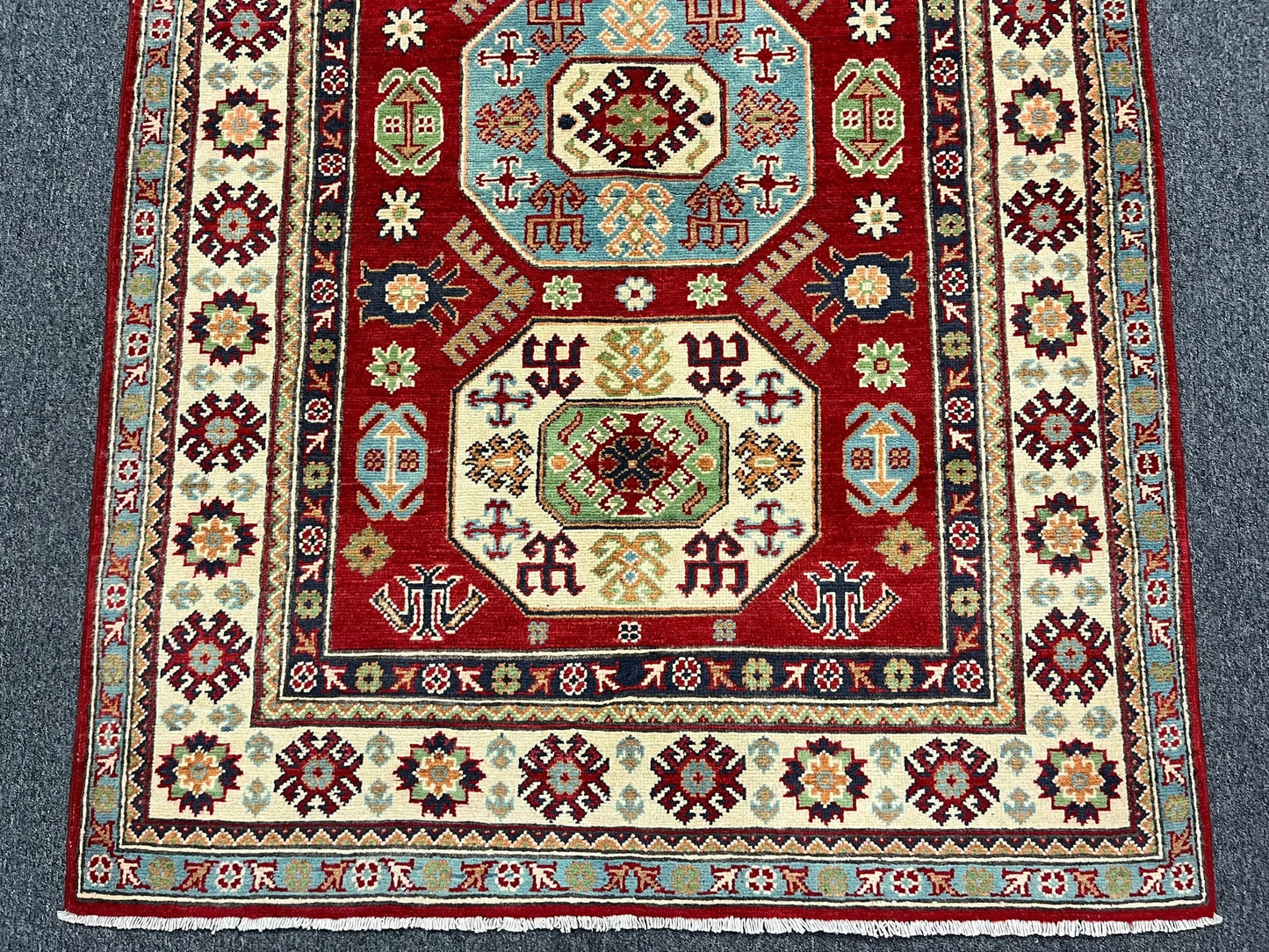 Kazak Red Geometric 4X6 Handmade Wool Rug # 12992