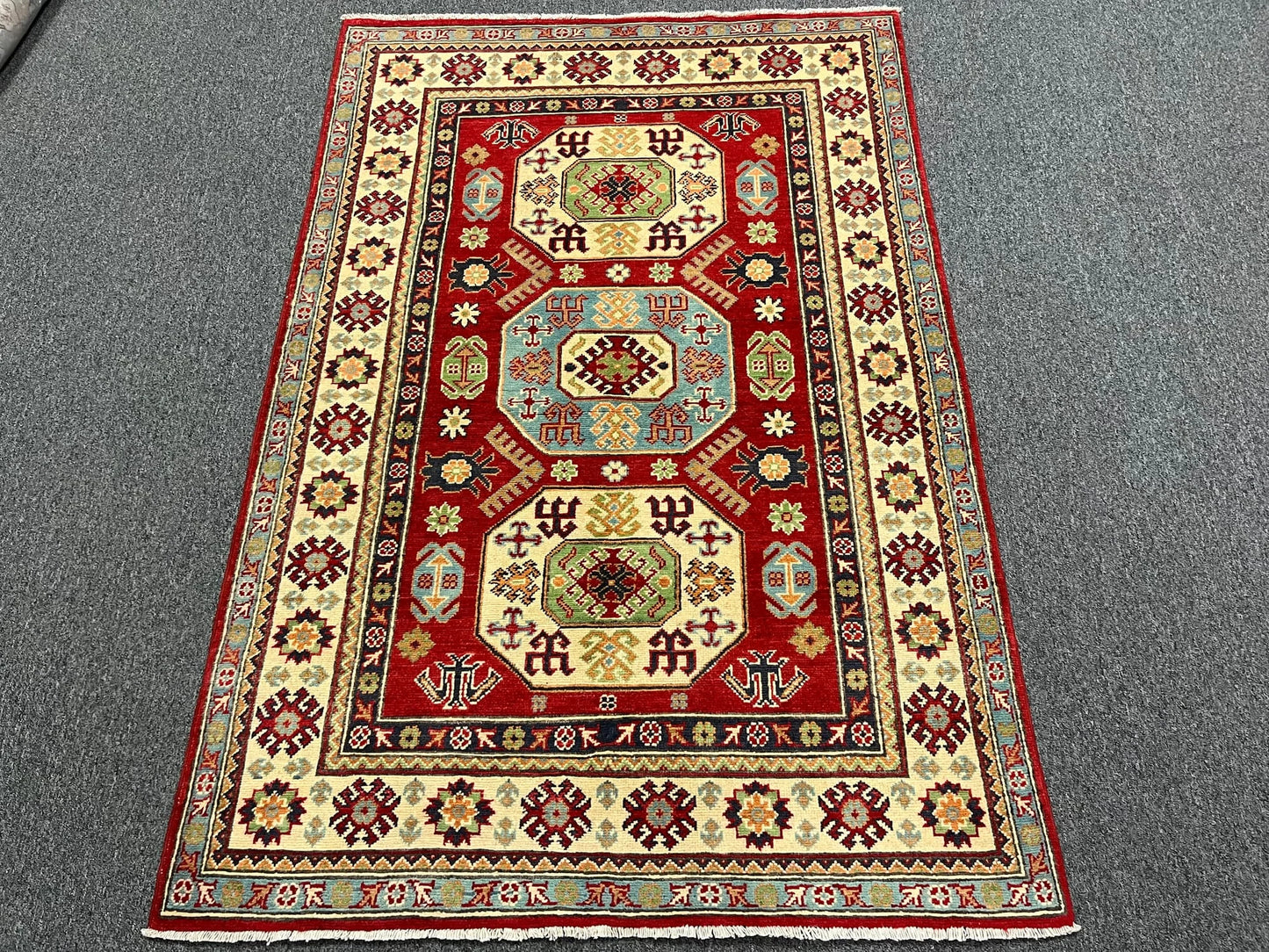 Kazak Red Geometric 4X6 Handmade Wool Rug # 12992