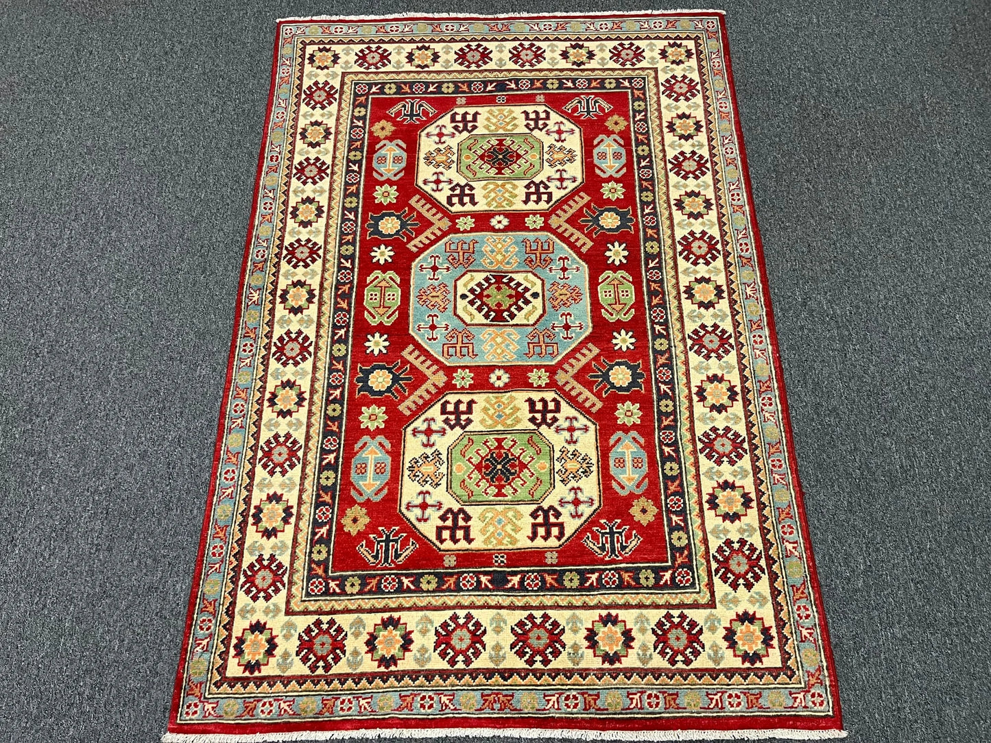 Kazak Red Geometric 4X6 Handmade Wool Rug # 12992
