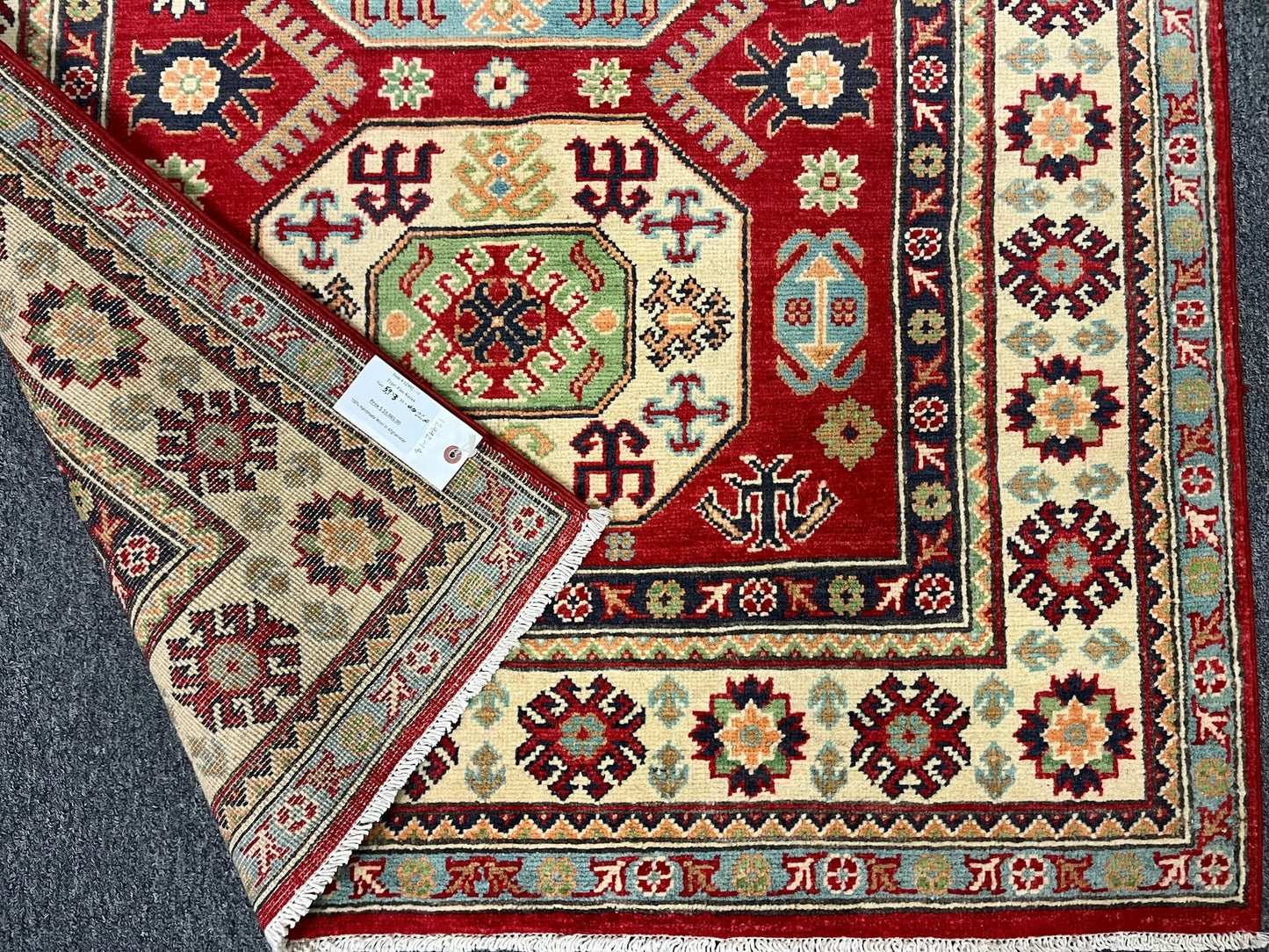 Kazak Red Geometric 4X6 Handmade Wool Rug # 12992