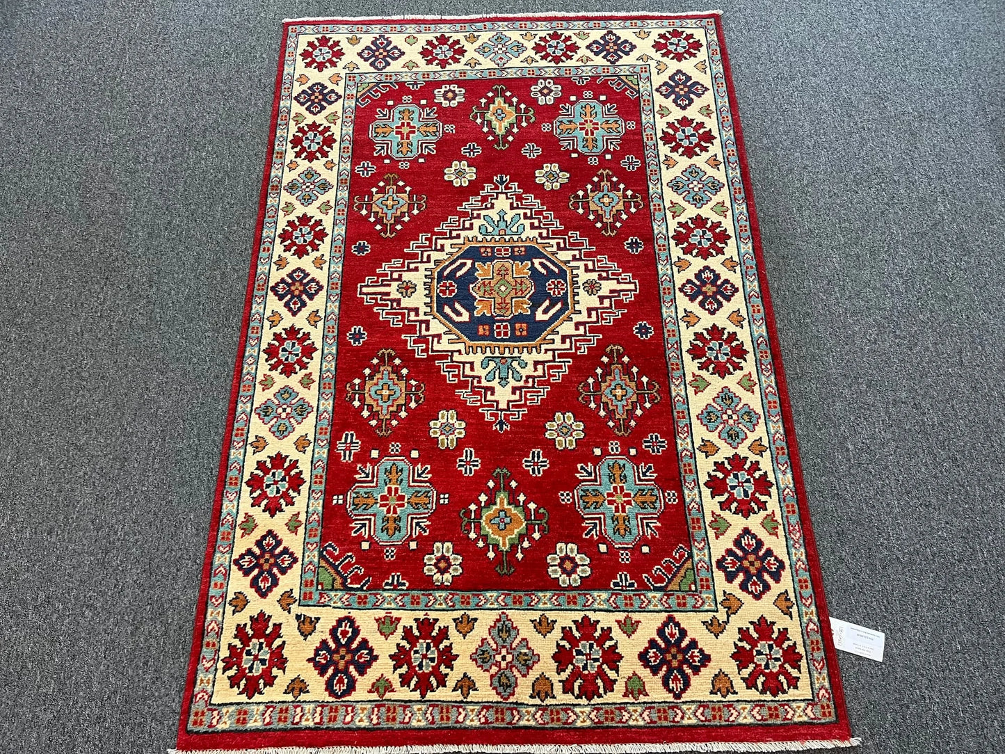 Kazak Red Geometric 4X6 Handmade Wool Rug # 13305