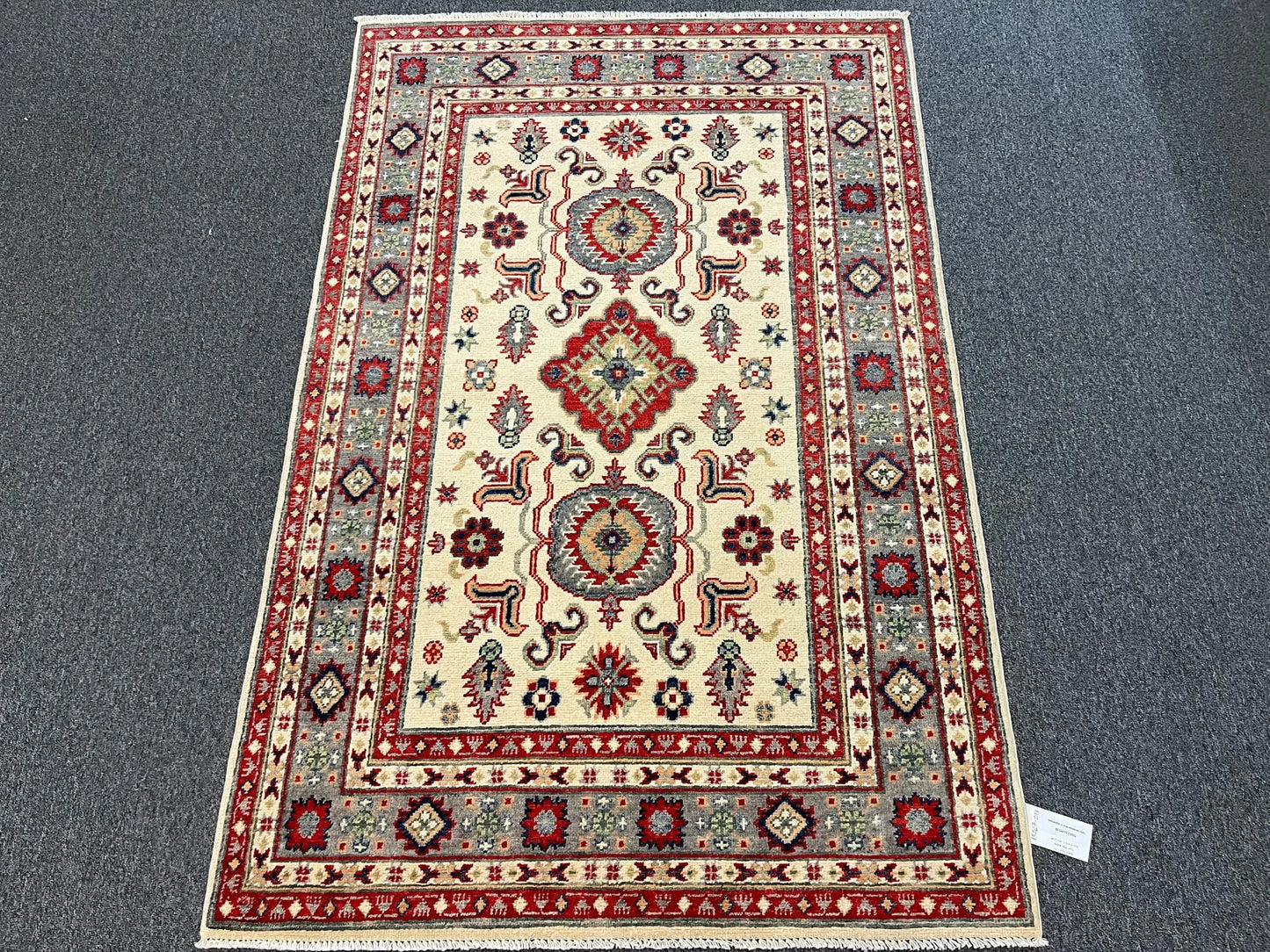 Kazak Beige Geometric 4X6 Handmade Wool Rug # 13267