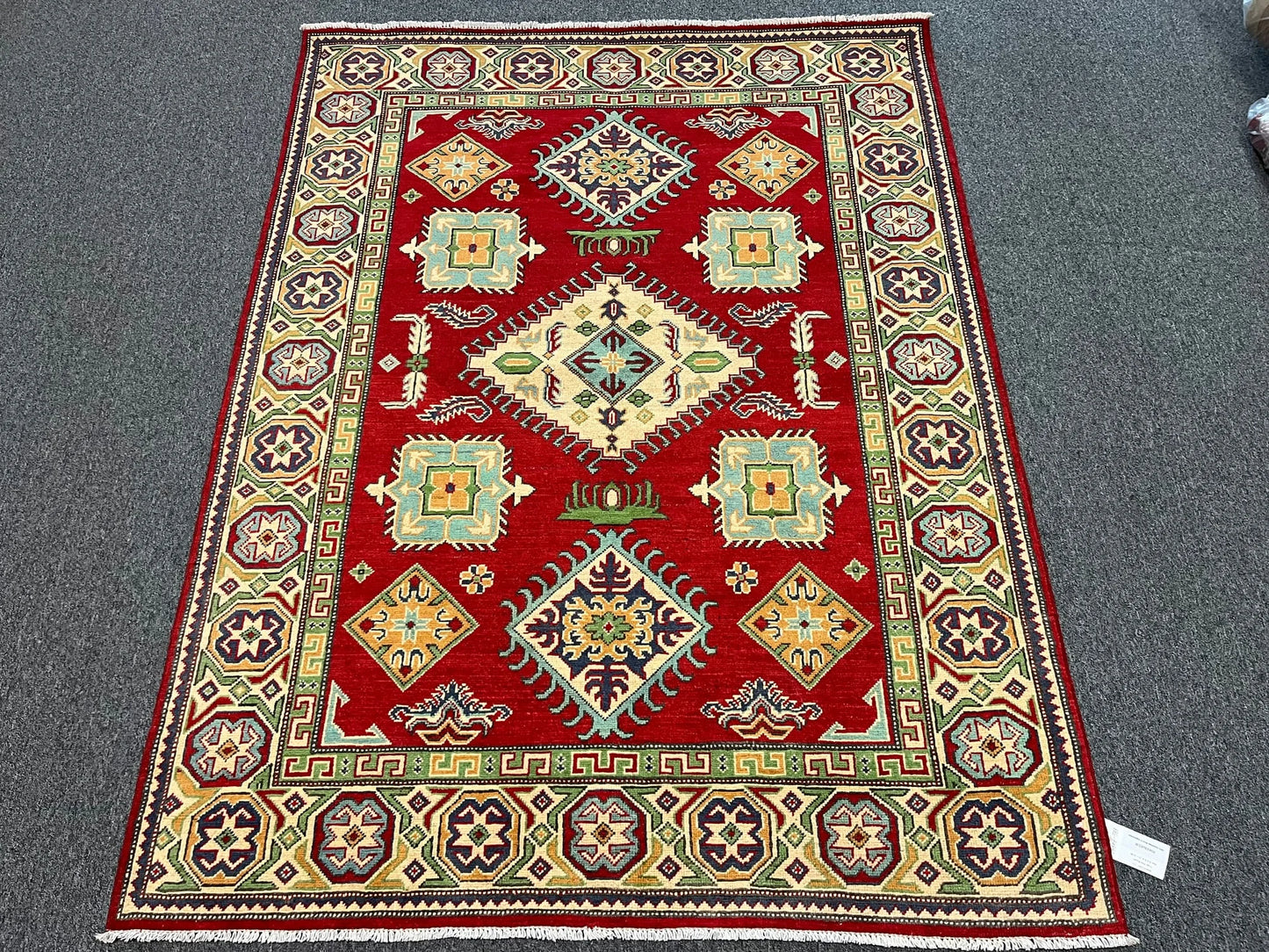 Kazak Geometric Red 5X7 Handmade Wool Rug # 13307