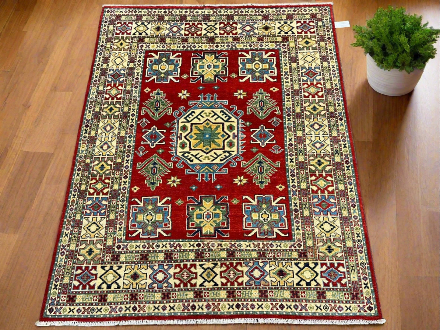 Kazak Geometric Red 5X6 Handmade Wool Rug # 13042