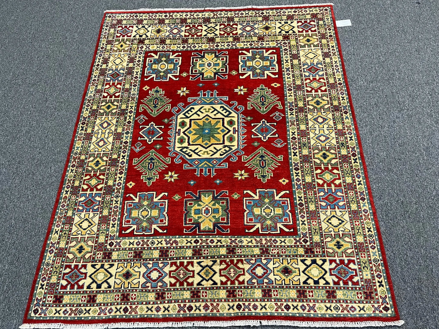 Kazak Geometric Red 5X6 Handmade Wool Rug # 13042