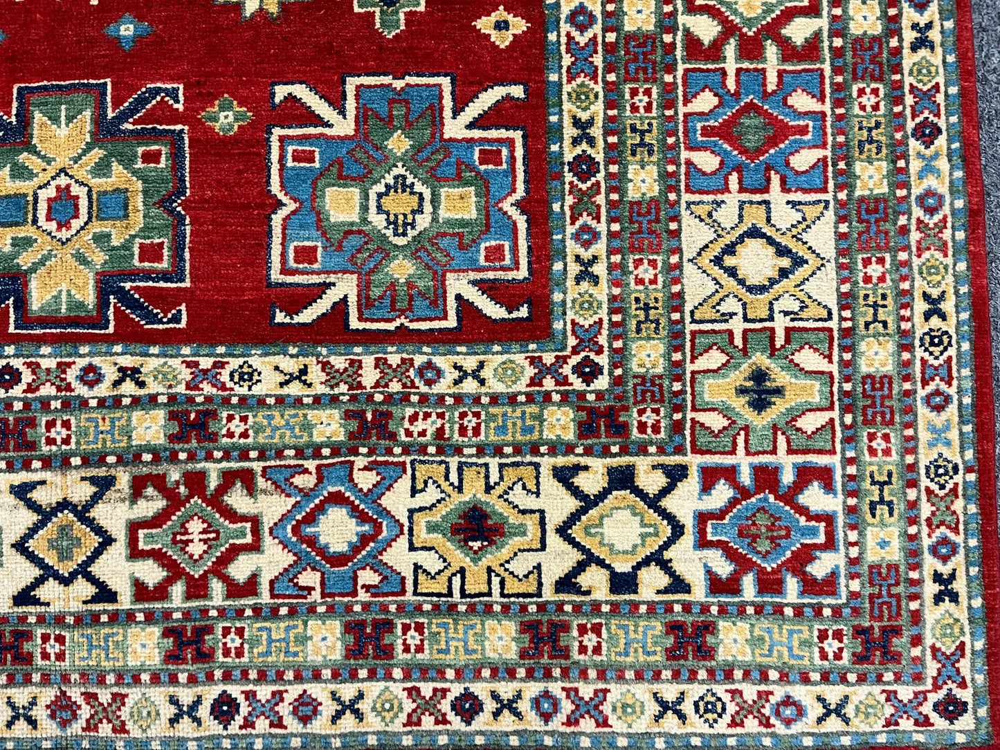 Kazak Geometric Red 5X6 Handmade Wool Rug # 13042