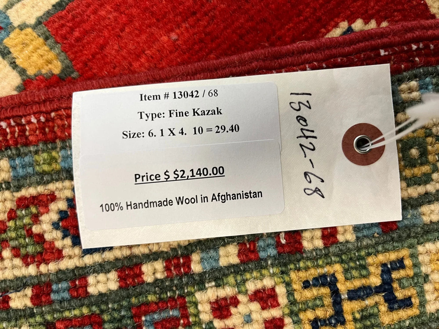 Kazak Geometric Red 5X6 Handmade Wool Rug # 13042