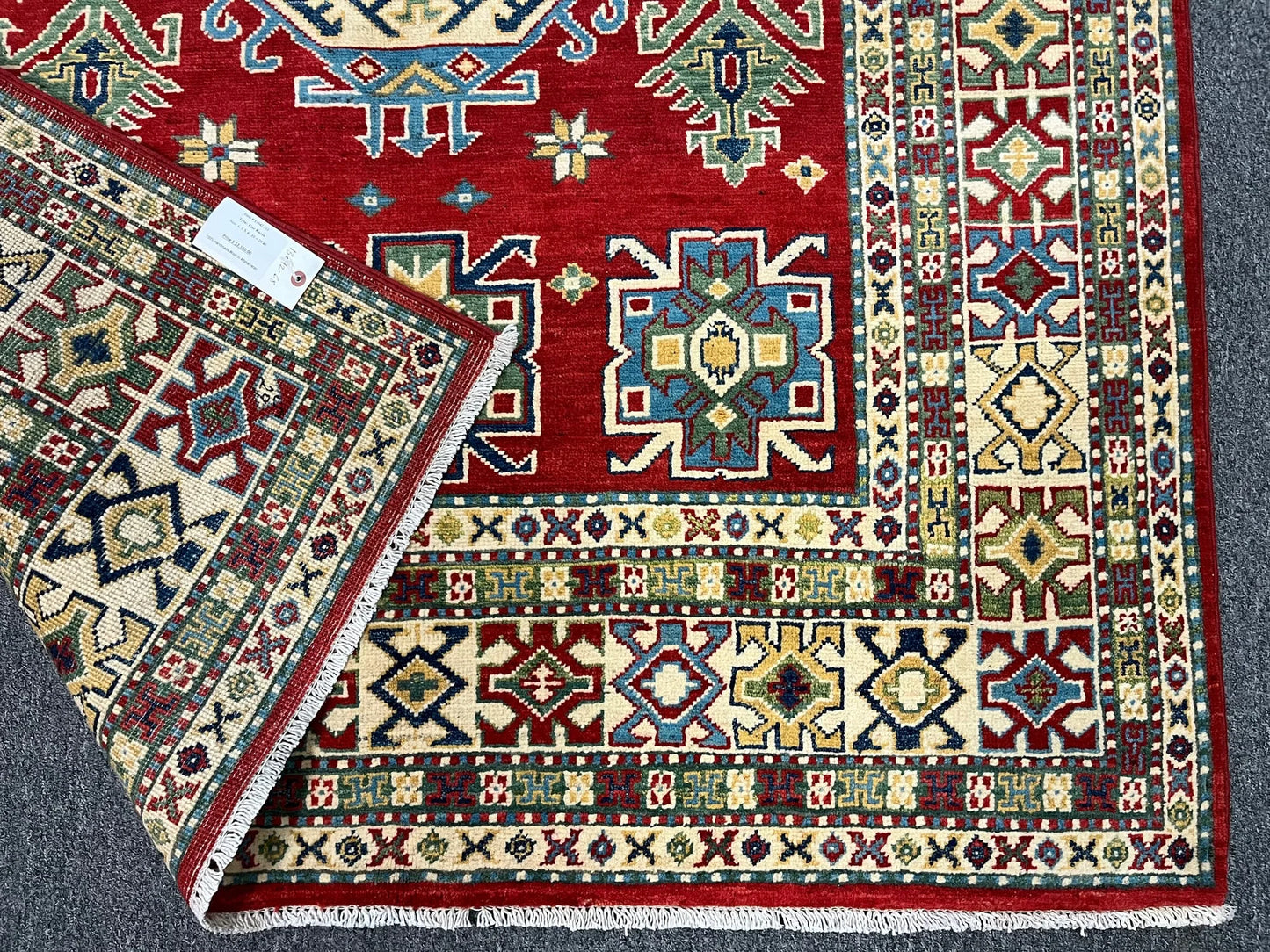 Kazak Geometric Red 5X6 Handmade Wool Rug # 13042