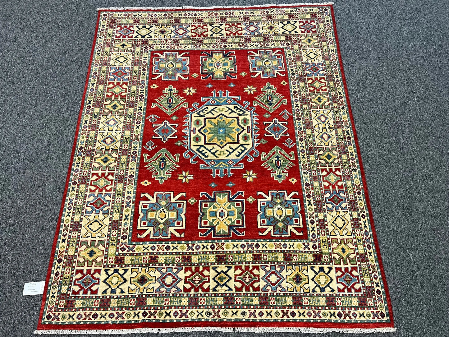 Kazak Geometric Red 5X6 Handmade Wool Rug # 13042