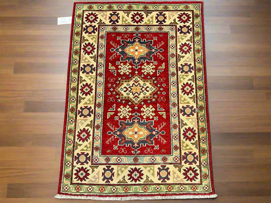 Geometric Kazak Multicolor 3X4 Handmade Wool Rug # 13348