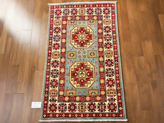 Light Blue Kazak 3X4 Handmade Wool Rug # 13030