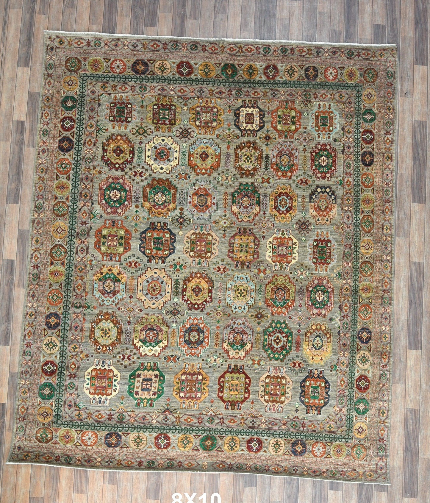 8X10 Afghan Karajah Gray/Blue Handmade Wool Rug # 14608