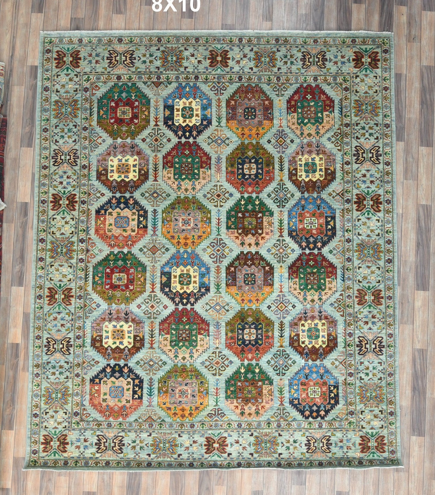 8X10 Afghan Geometric Blue Handmade Wool Rug # 14609