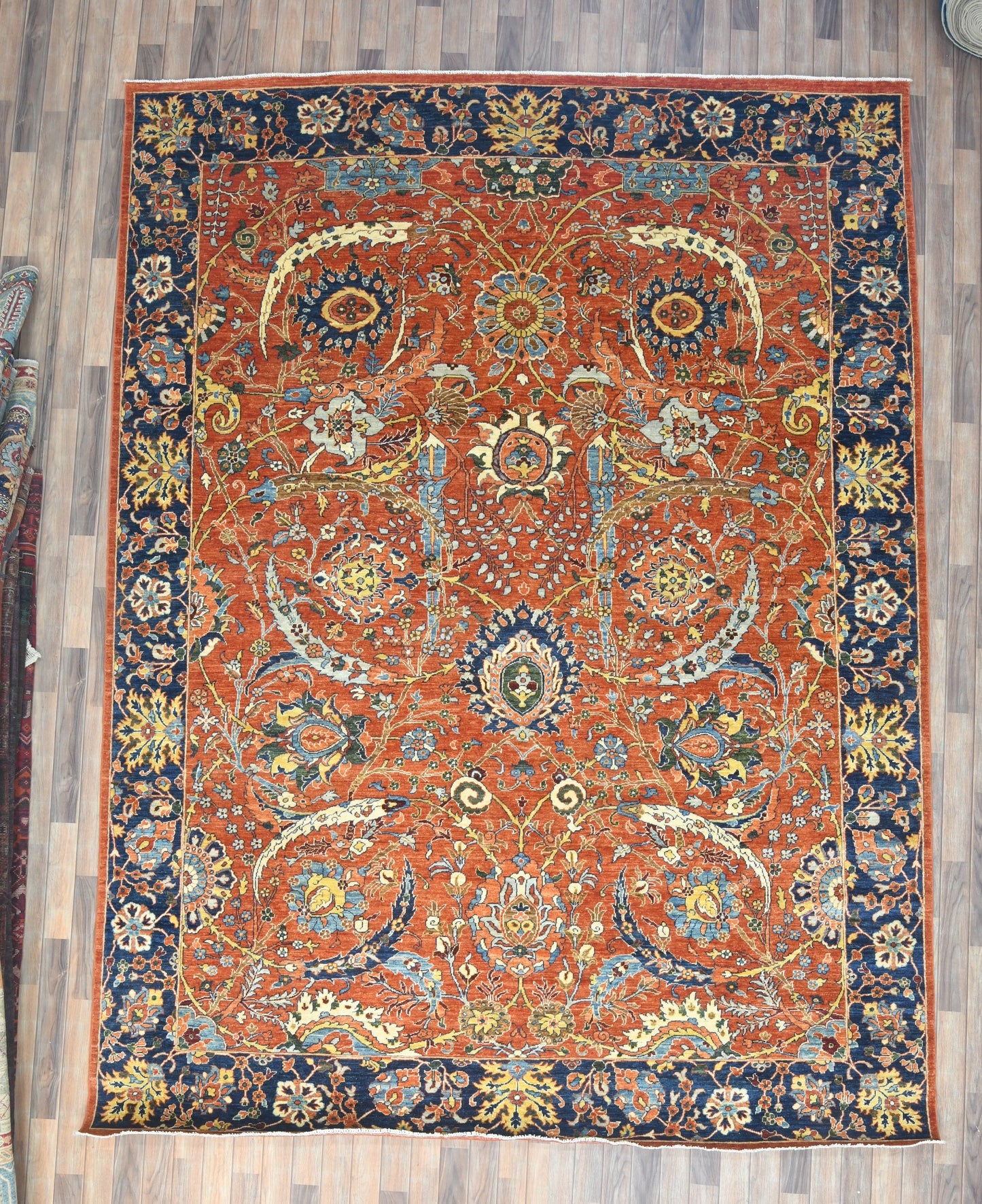 9X12 Afghan Agra Red/Navy Handmade Wool Rug # 14653