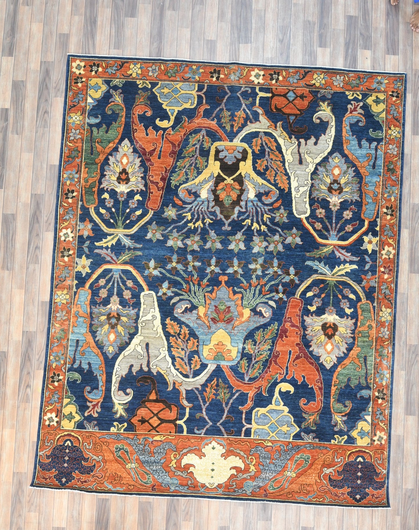 8X10 Afghan Bijer Rust/Blue Handmade Wool Rug # 14657