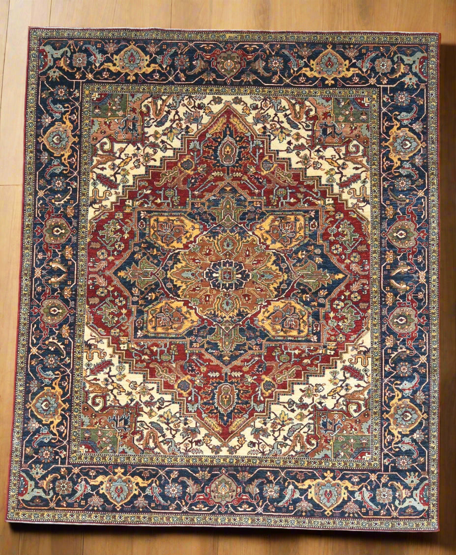 8X10 Afghan Heriz Red/Navy Handmade Wool Rug # 14613