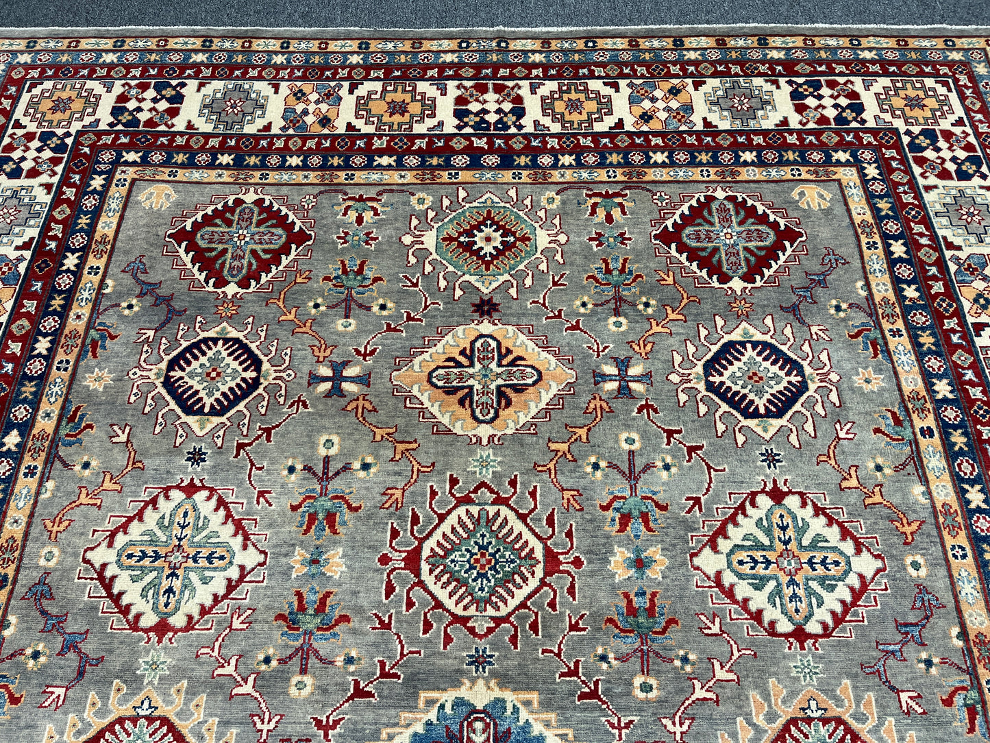 Grey 9X12 kazak hand knotted wool rug # 14446