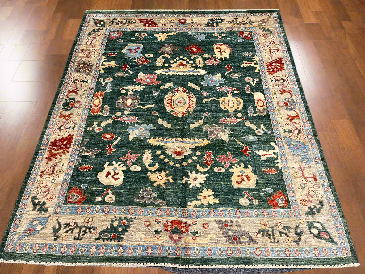 8X10 Oushak Green/ Blue Handmade Wool Rug # 12189