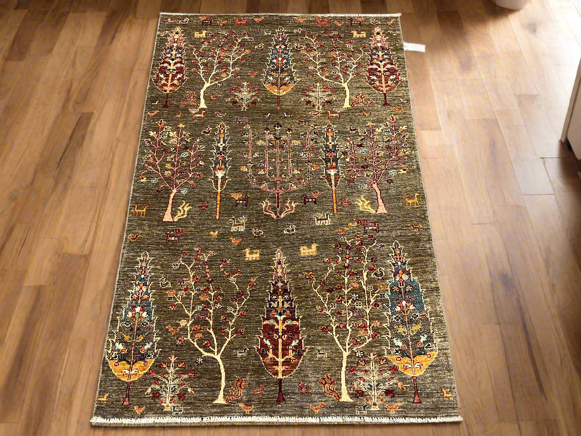 Gray Tree of Life 4X6 Handmade Wool Rug # 14593