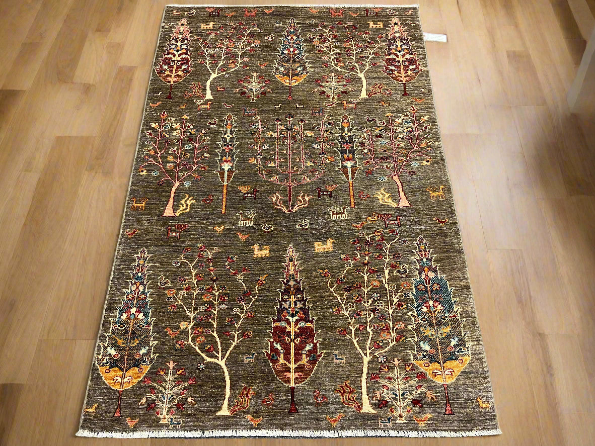 Gray Tree of Life 4X6 Handmade Wool Rug # 14593