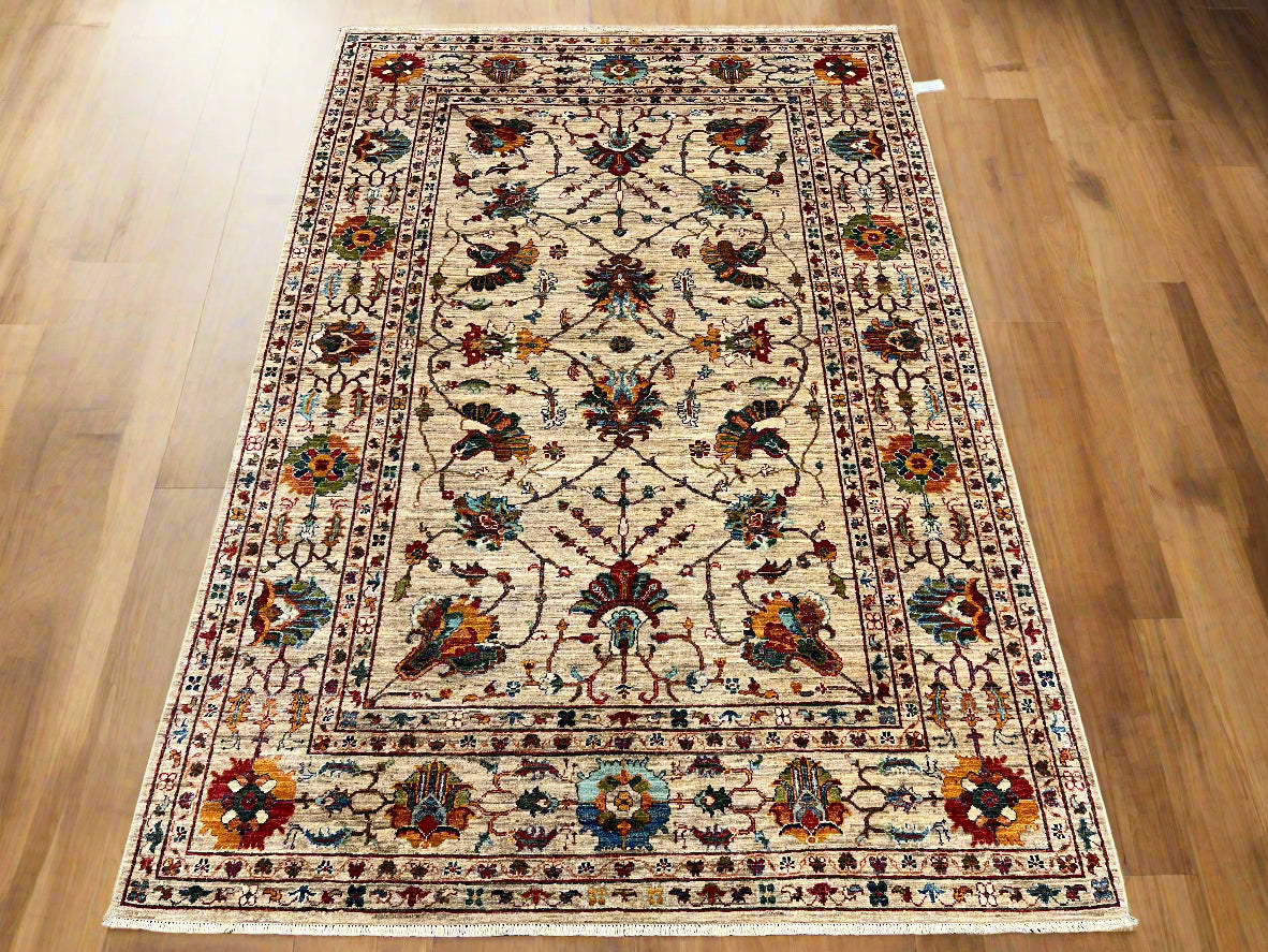 Beige Floral Mohal 6X8 Handmade Wool Rug # 14589