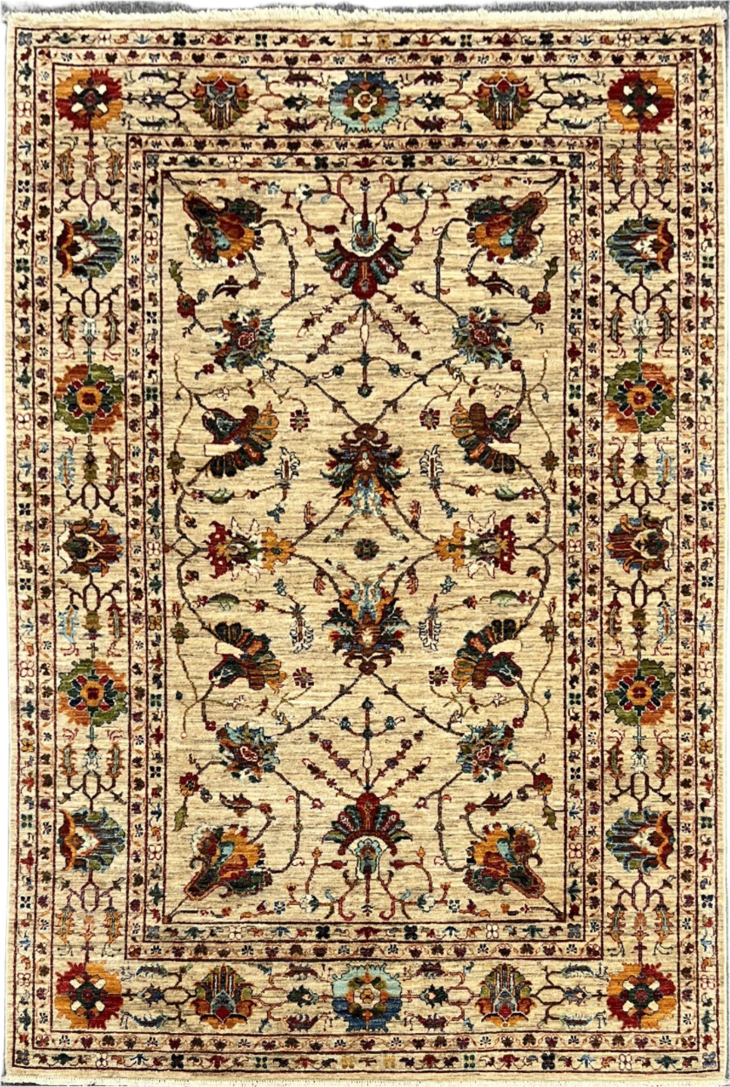 Beige Floral Mohal 6X8 Handmade Wool Rug # 14589