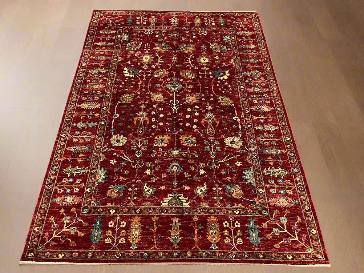 Red/Green Multicolor 7X10 Handmade Wool Rug # 14586