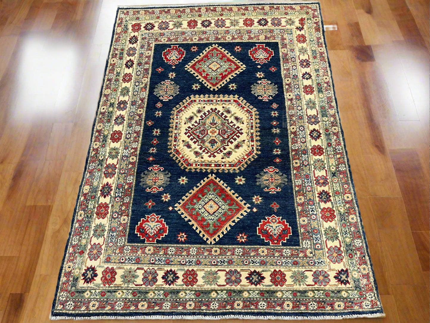 Navy Blue 5X7 Kazak Handmade Wool Rug # 13704
