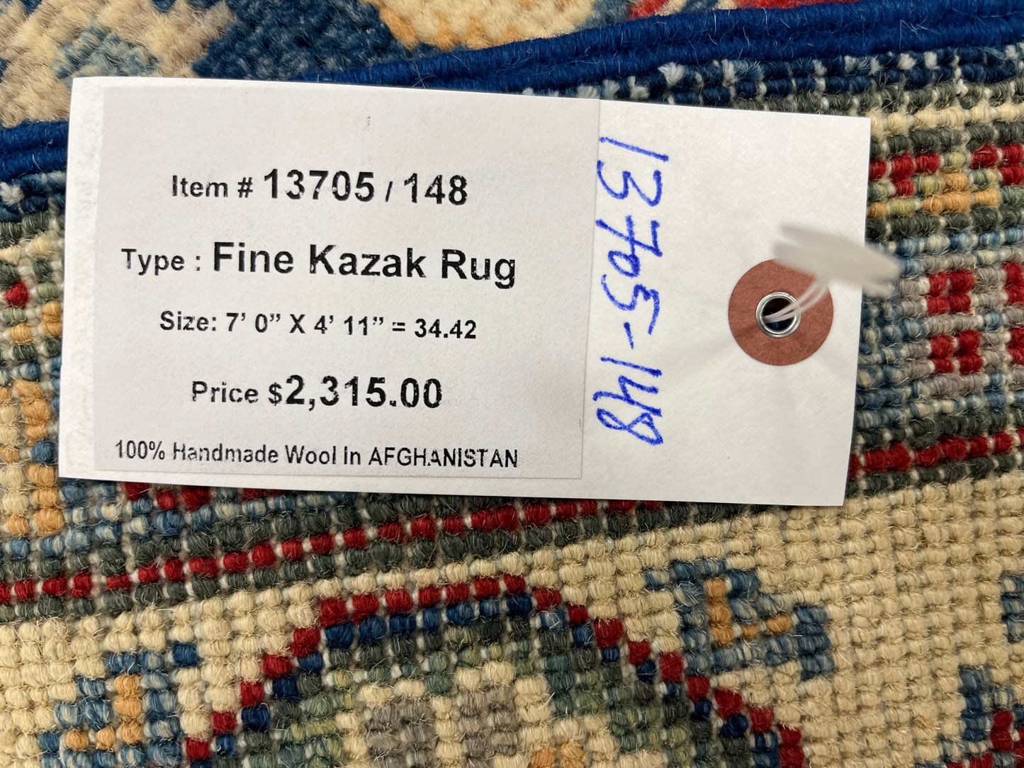 5X7 Kazak Navy Blue Handmade Wool Rug # 13705