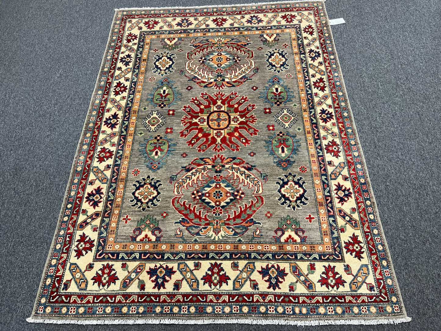 5X7 Kazak Gray Beige Handmade Wool Rug # 13836