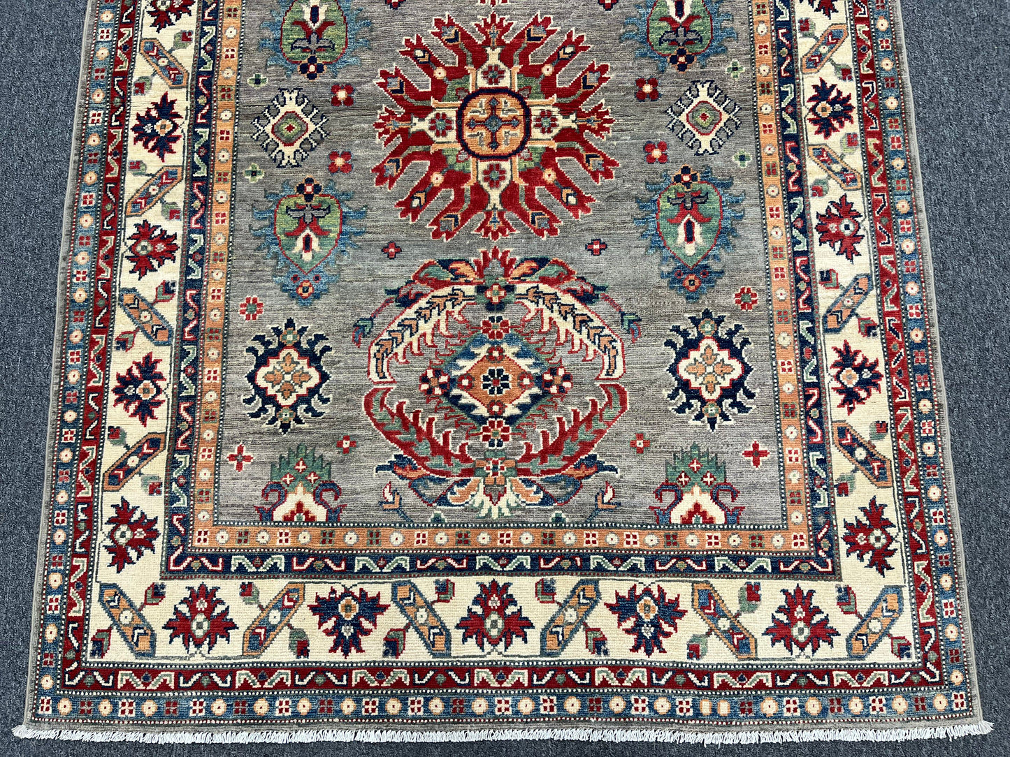 5X7 Kazak Gray Beige Handmade Wool Rug # 13836