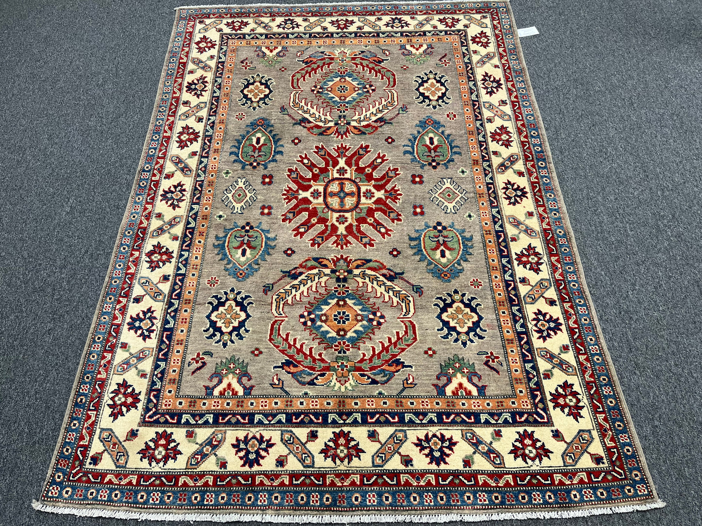 5X7 Kazak Gray Beige Handmade Wool Rug # 13834