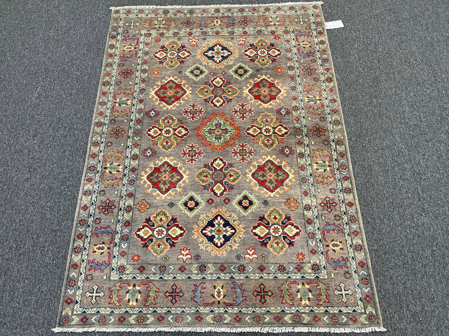 Kazak Gray Geometric 4X6 Handmade Wool Rug # 13936